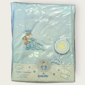 Cutie Pie Fleece Blanket with Rattle Prince and Teddy Bear 30"x40" VTG *Flaw*
